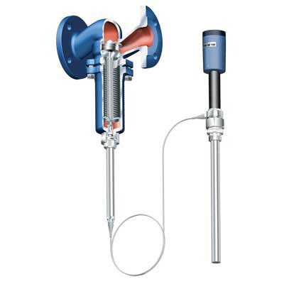 Ilustração detalhada com válvula e sensor de temperatura revela o controlador de temperatura como funciona na regulação térmica contínua.