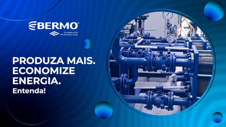 Imagem com com um sistema de Recuperação de Energia Térmica e o título "Produza mais. Economize Energia." destacando soluções da Bermo para auditoria e eficiência energética.