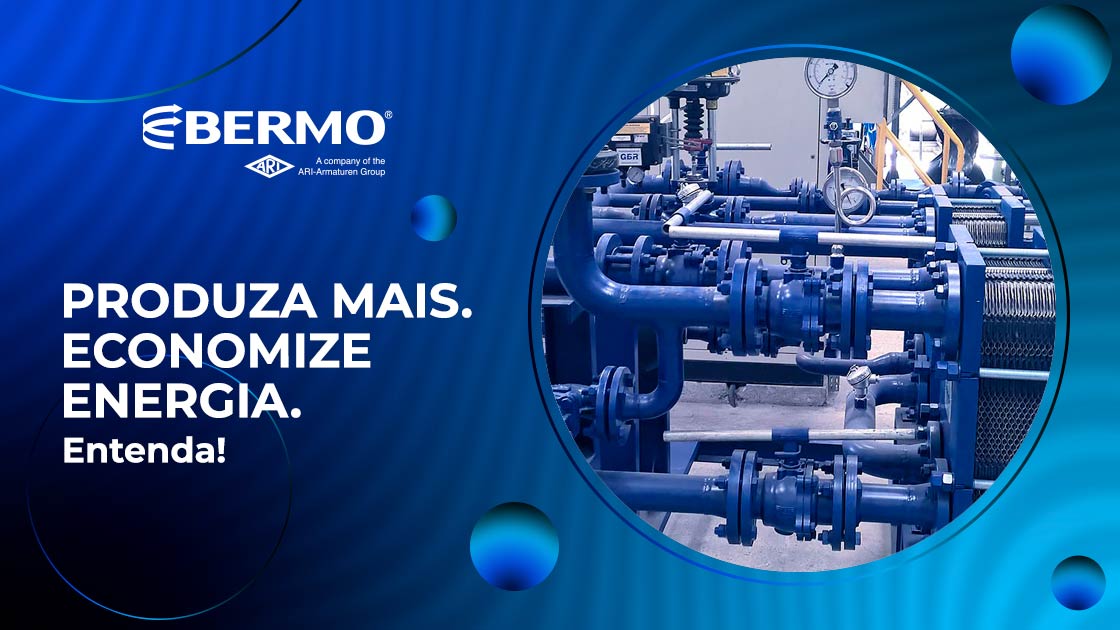 Imagem com com um sistema de Recuperação de Energia Térmica e o título "Produza mais. Economize Energia." destacando soluções da Bermo para auditoria e eficiência energética.