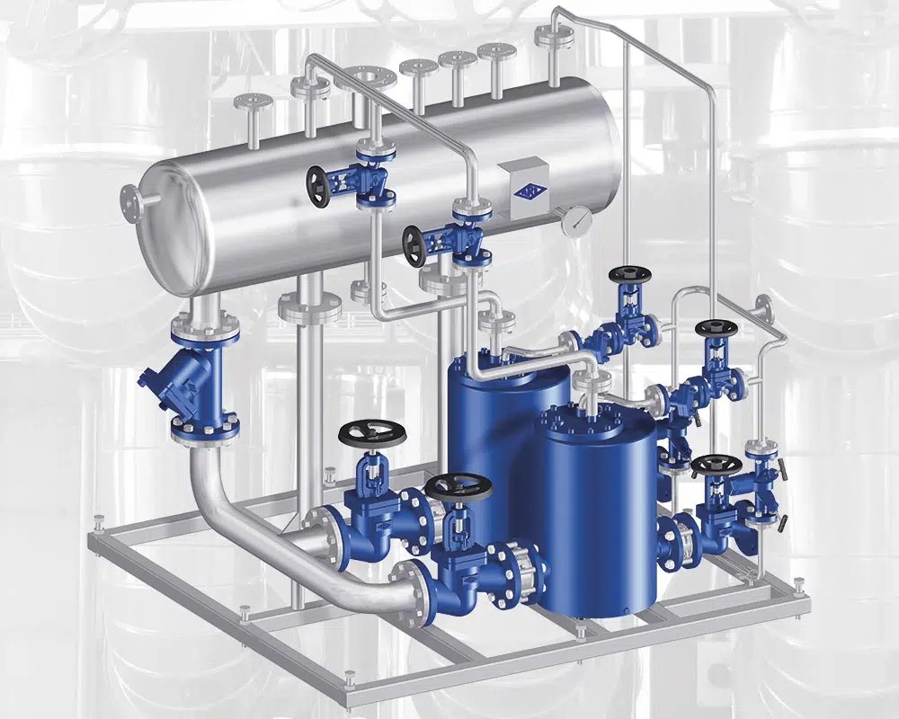 Ilustração técnica de sistema de vapor com separadores e válvulas, destacando a Qualidade do vapor no processo industrial e seu controle em instalações industriais.